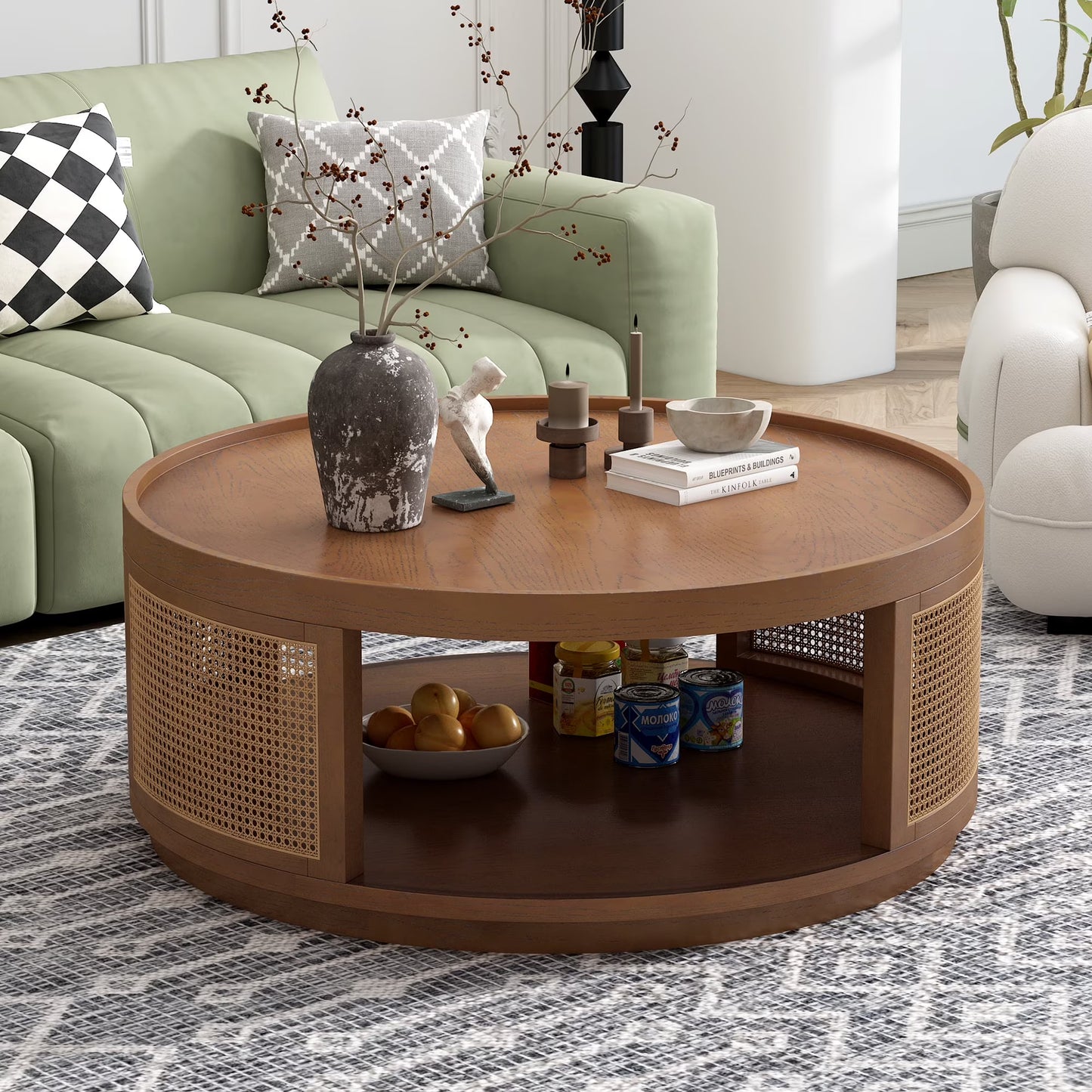 Harper  Bright Designs Rattan Round Coffee Table with Storage Shelf, Round Cane Wood Center Table for Living Room, 37'' Brown(2: Brown)
