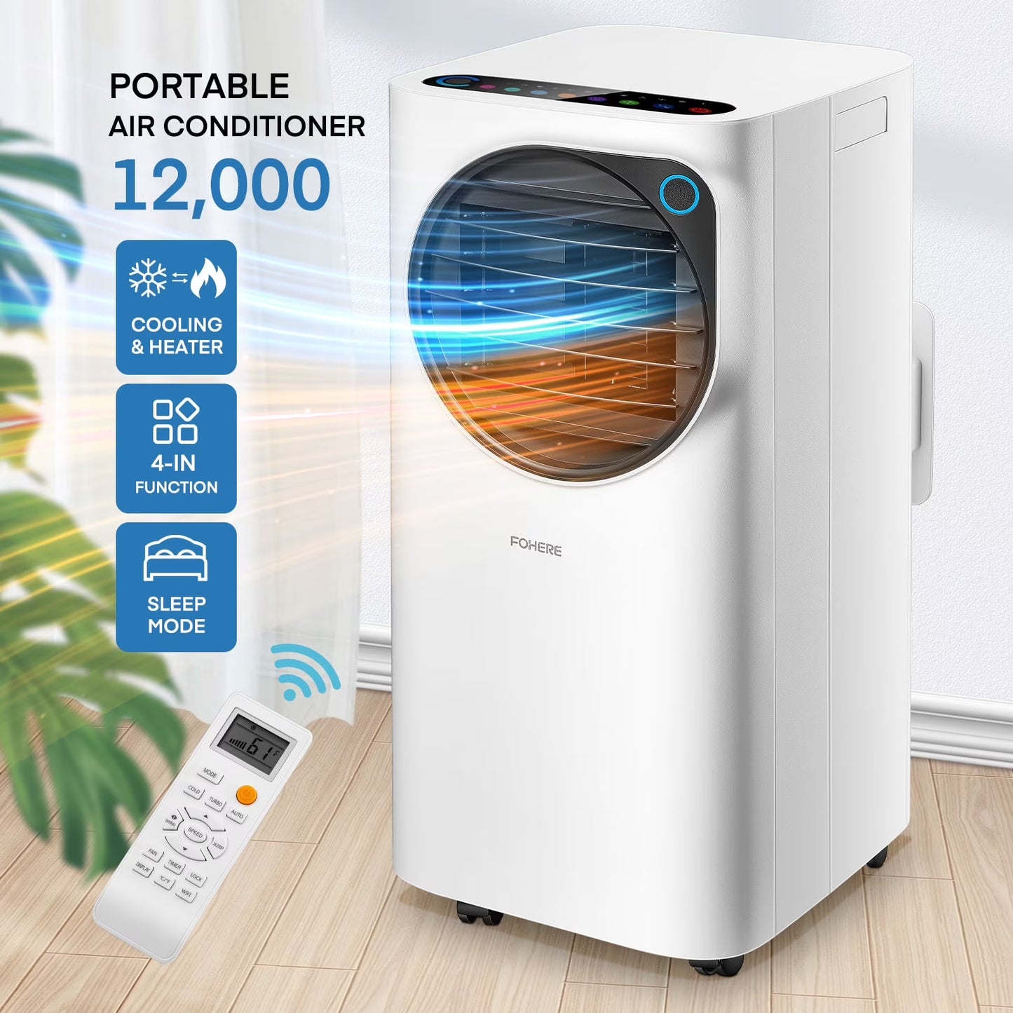 FOHERE 12000 BTU Portable Air Conditioner for Room Cooling and Heating, Covers up to 550 Sq. Ft, 4 IN 1 All Season AC Portable Air Conditioner with Remote Control and Window Kit, White(12000)