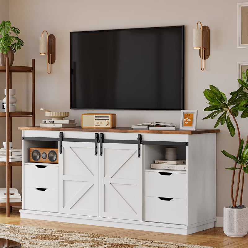 Vineego 70 inch Farmhouse TV Stand for Living Room, Entertainment Center with Sliding Barn Doors  4 Storage Drawers, Adjustable Shelves Rustic Media Console for Bedroom,White(White)