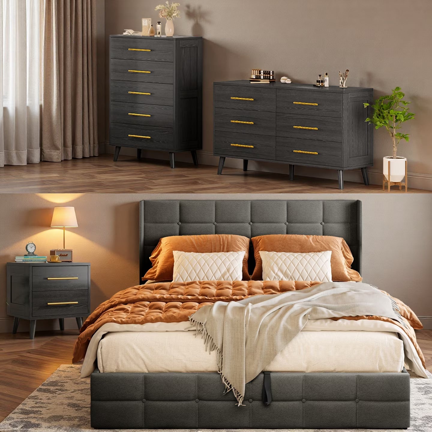 Bedroom Set - Includes Full Size Bed Frame (Dark Gray), Nightstands, 5-Drawer Dresser  Double Wide 6-Drawer Dresser - Modern Storage Solution for Stylish Home Decor, Black