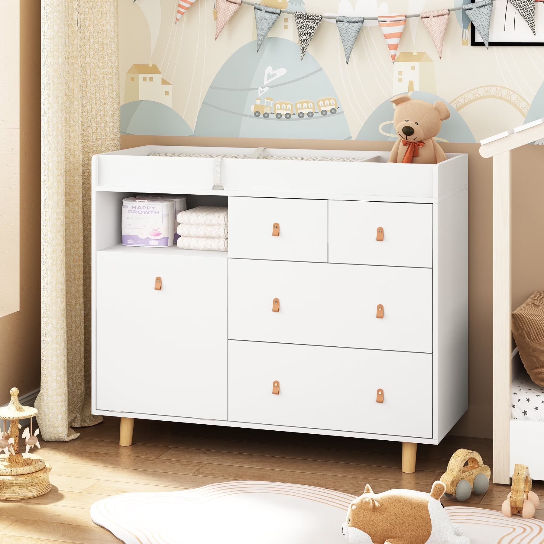 OXYLIFE 45" Baby Nursery Changing Table Dresser with 4 Drawers and Shelf for Nursery Room, White(45''White+4 Drawers)