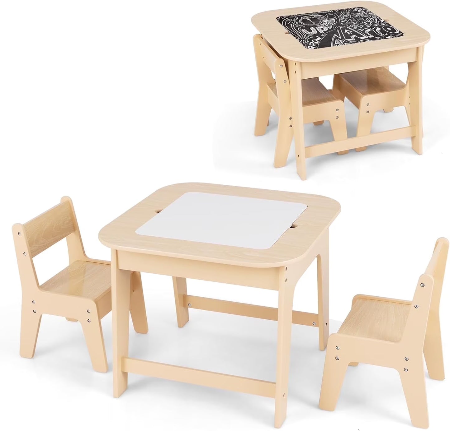 OLAKIDS Kids Table and Chair Set, 3 in 1 Wooden Activity Table with Removable Tabletop, Blackboard and Whiteboard for Toddlers Arts Crafts Drawing Reading Playing, Playroom Nursery (Natural)(Natural)