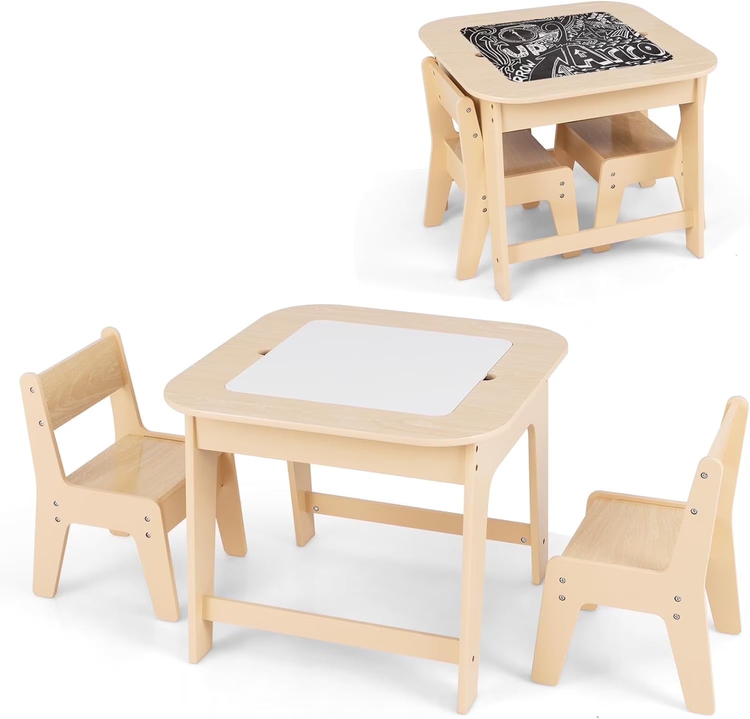 OLAKIDS Kids Table and Chair Set, 3 in 1 Wooden Activity Table with Removable Tabletop, Blackboard and Whiteboard for Toddlers Arts Crafts Drawing Reading Playing, Playroom Nursery (Natural)(Natural)