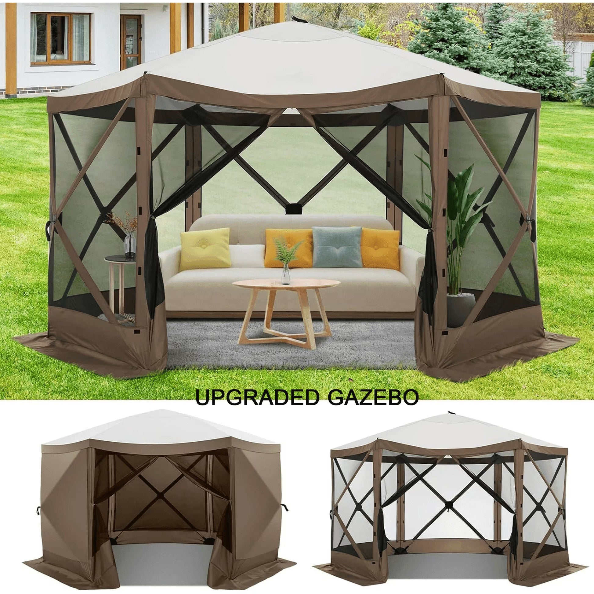 COBIZI 12x12 Pop Up Canopy Gazebo, Outdoor Canopy Tent Screen House with 5 sidewalls and Netting for Camping, Waterproof, UV Resistant, Ez Set-up Party Tent with Carrying Bag and Ground Stakes,Brown(Classic with 5 sidewalls/Brown)