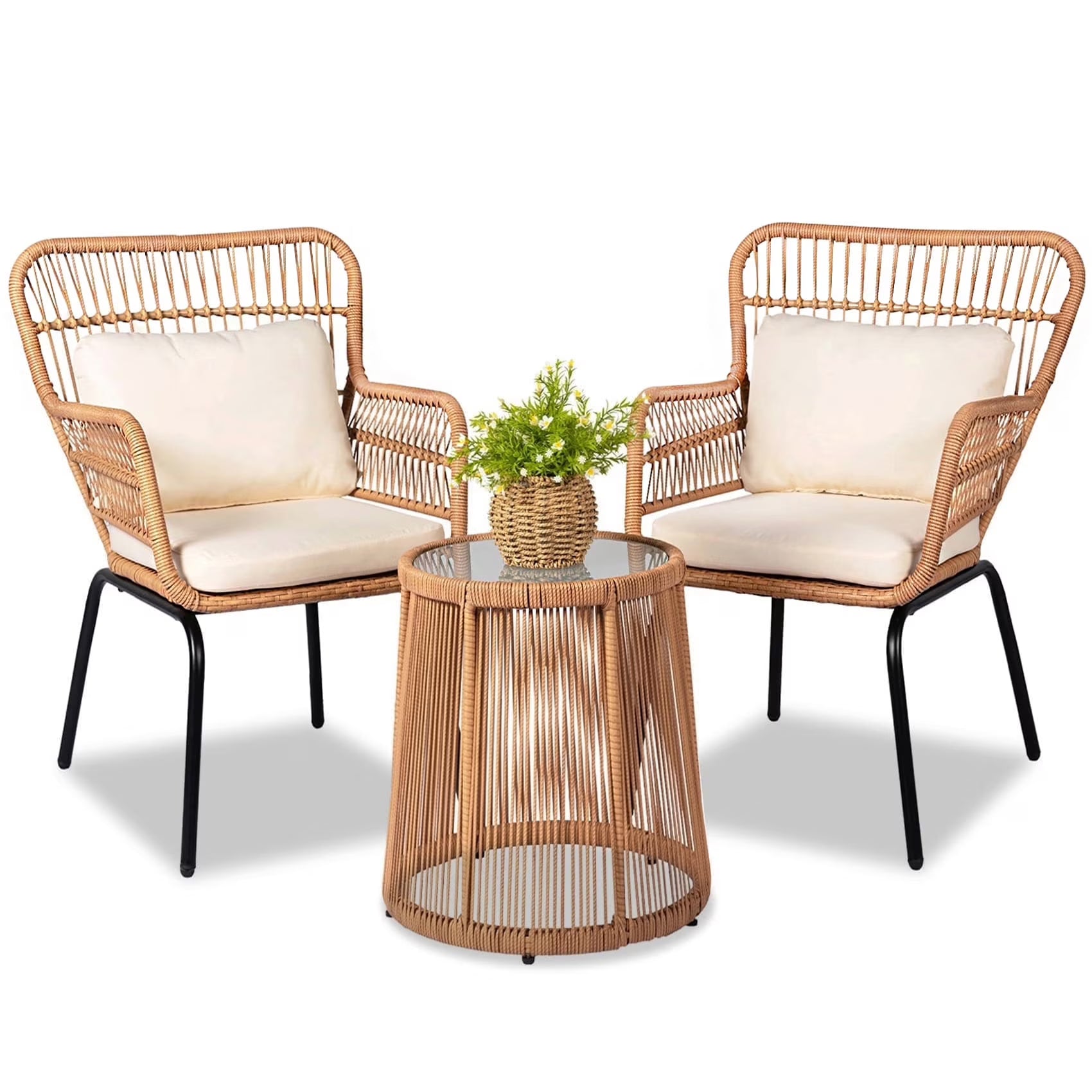Tappio 3-Piece Patio Conversation Bistro Set Rattan Furniture, Outdoor Patio Set w/Glass Top Table  Cushions for Garden Balcony Backyard Poolside, Yellow/Beige(Yellow/Beige)