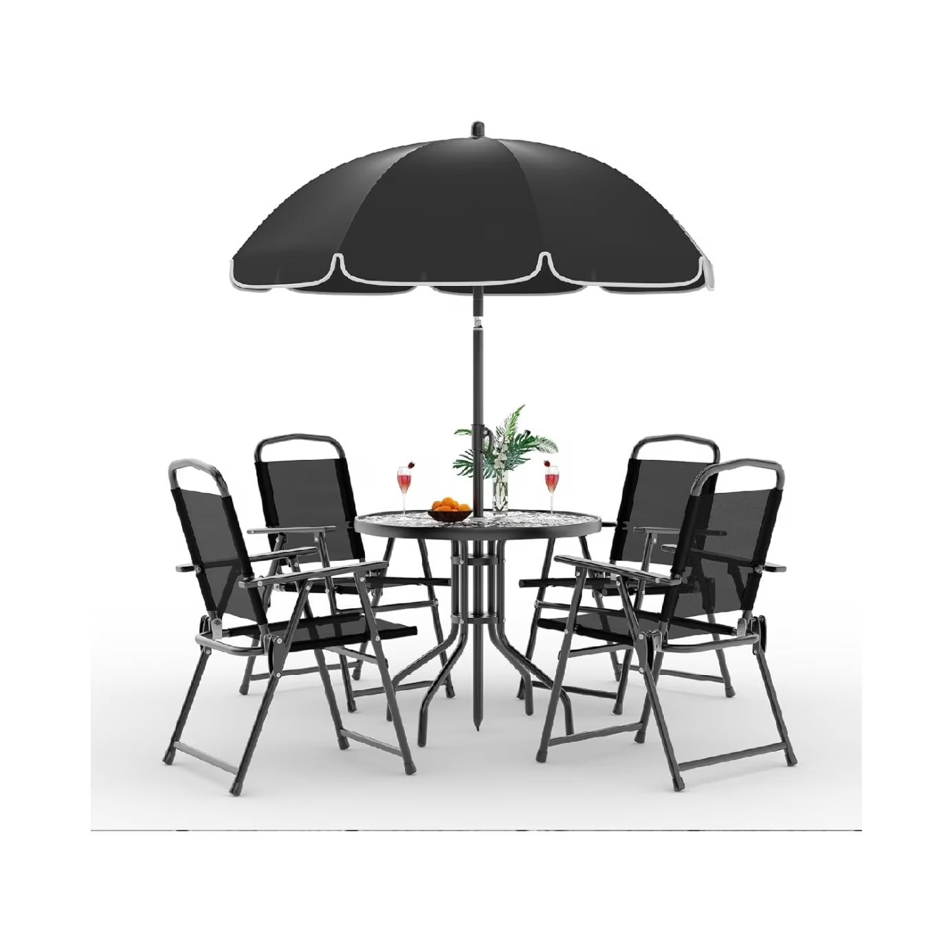 6 Pieces Outdoor Dining Set With Umbrella, Patio Table and 4 Folding Chairs With Umbrella, Garden Patio Furniture Set With Umbrellas, Tempered Glass Top Dining Table(black)
