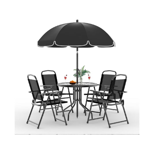 6 Pieces Outdoor Dining Set With Umbrella, Patio Table and 4 Folding Chairs With Umbrella, Garden Patio Furniture Set With Umbrellas, Tempered Glass Top Dining Table(black)