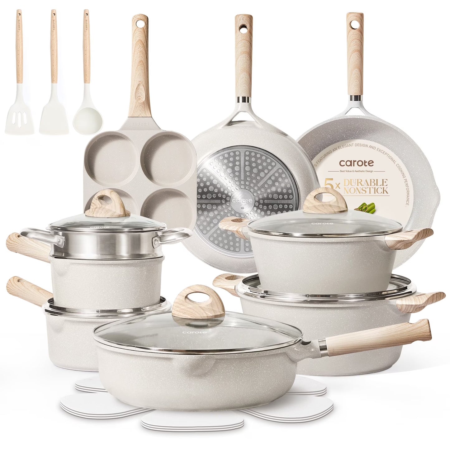 Carote Nonstick Cookware Set 21-Piece,Kitchen Pots and Pans Set,Stay-Cool Handles, Induction Compatible,Cookware Set for RV and Camping,Beige(Beige Complete Set)