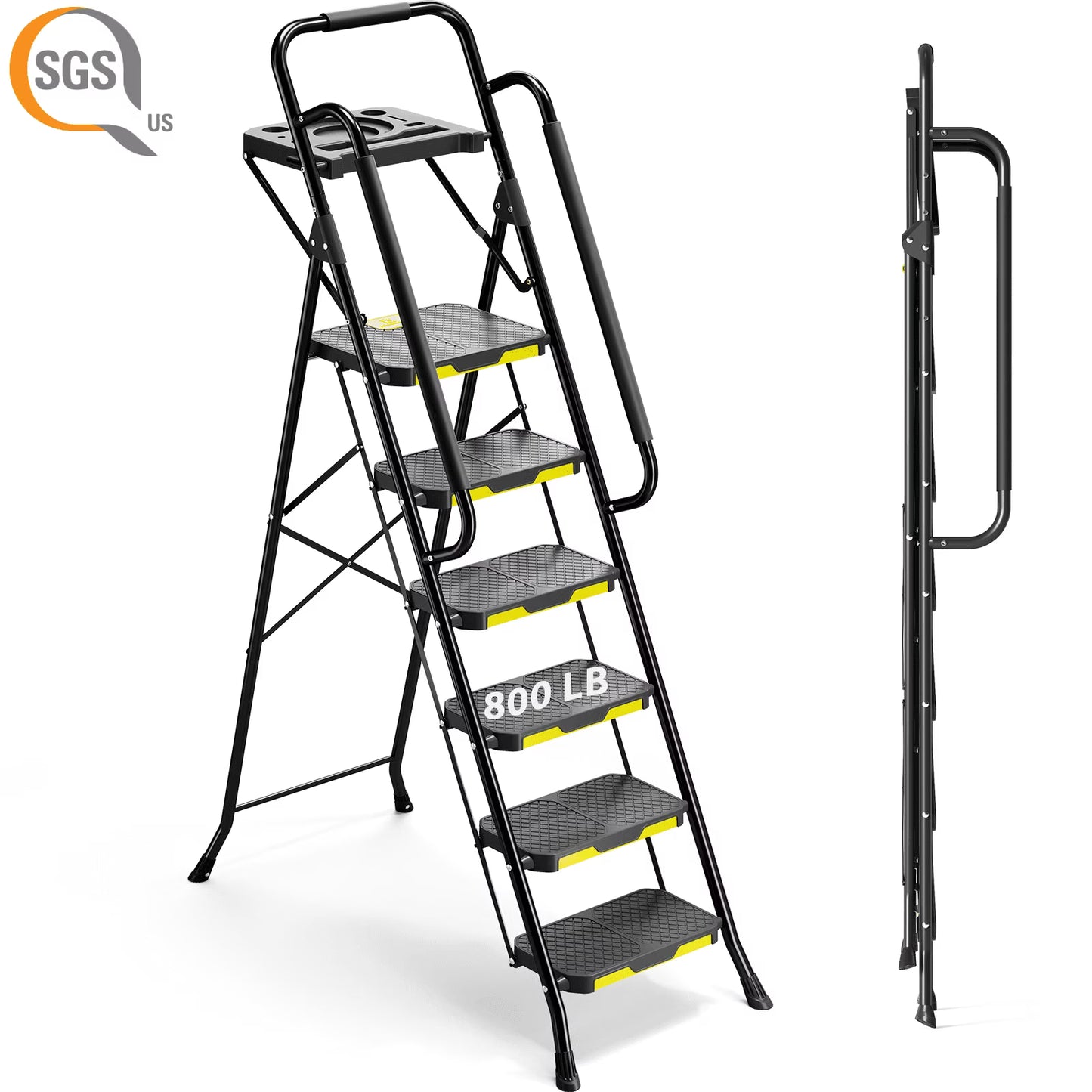 KK KINGRACK 6 Step Ladder, Metal Ladder with Tool PlatformHandrails, 800 lbs Capacity, Black