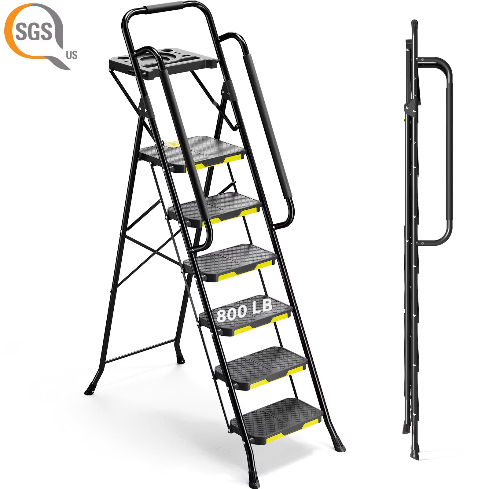 KK KINGRACK 6 Step Ladder, Metal Ladder with Tool PlatformHandrails, 800 lbs Capacity, Black