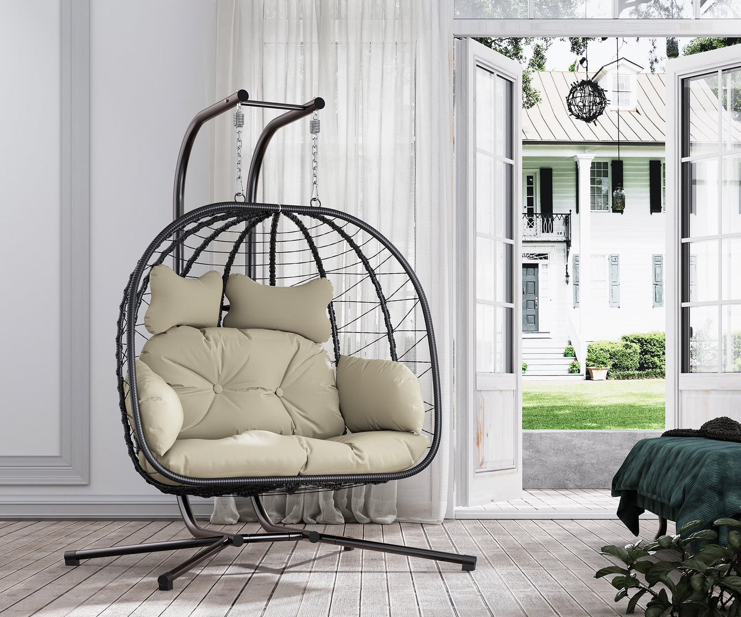 Bifanuo Double Wicker Swing Egg Chair Hammock Foldable Hanging Loveseat with Stand, UV Resistant Removable Cushions, 700LBS Capacity for Bedroom, Balcony (Black and Beige)(Black and Beige)