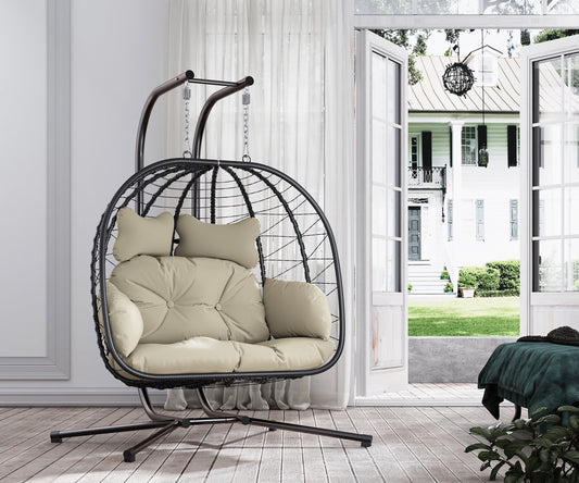 Bifanuo Double Wicker Swing Egg Chair Hammock Foldable Hanging Loveseat with Stand, UV Resistant Removable Cushions, 700LBS Capacity for Bedroom, Balcony (Black and Beige)(Black and Beige)