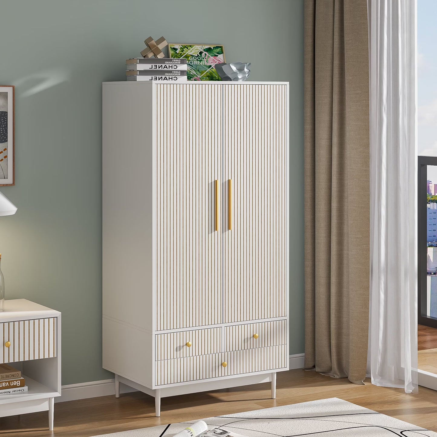 Armoire Wardrobe Closet with 2 Doors, Wardrobe Cabinet with Hanging Rod and Drawers, Wooden Closet for Bedroom, White(White)