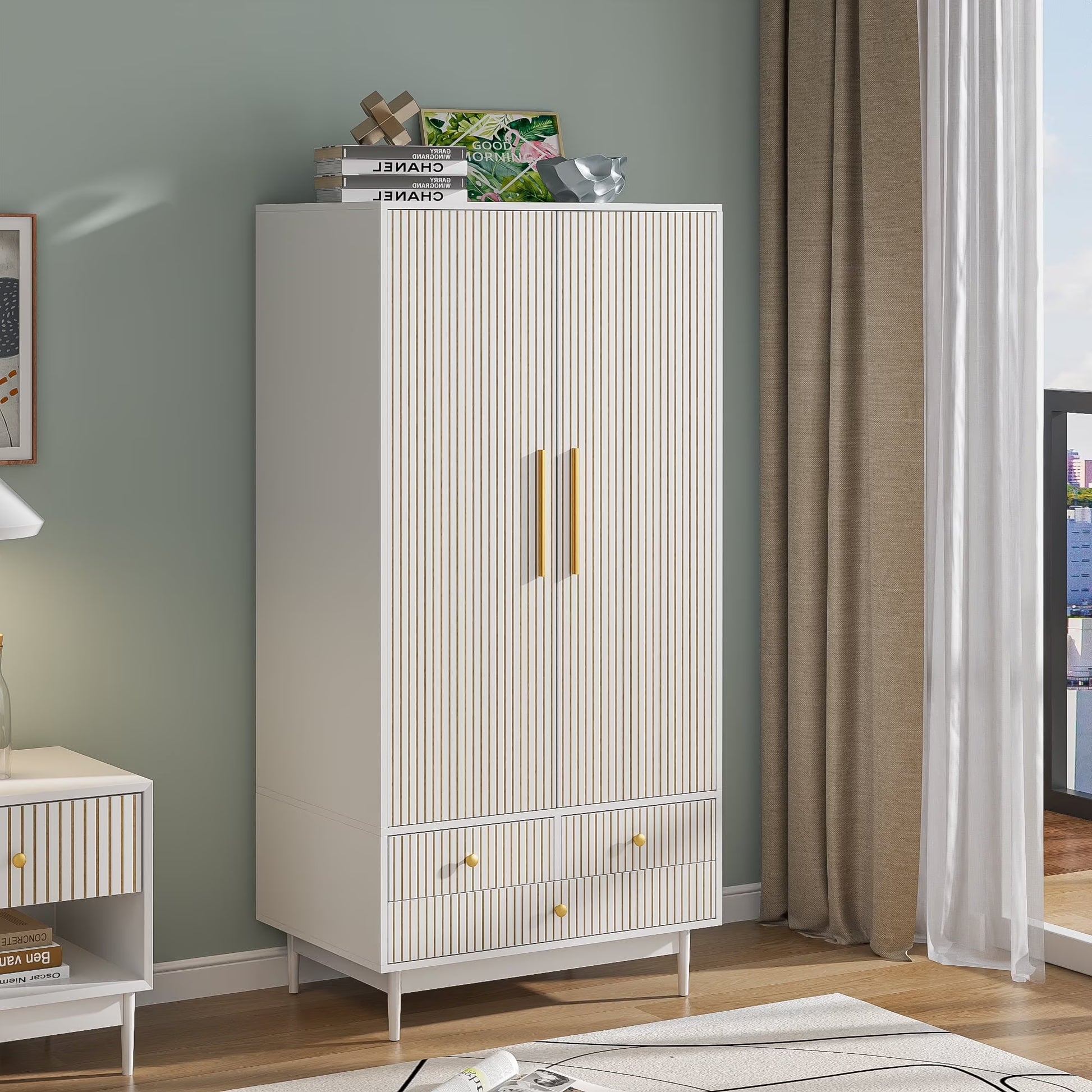 Armoire Wardrobe Closet with 2 Doors, Wardrobe Cabinet with Hanging Rod and Drawers, Wooden Closet for Bedroom, White(White)