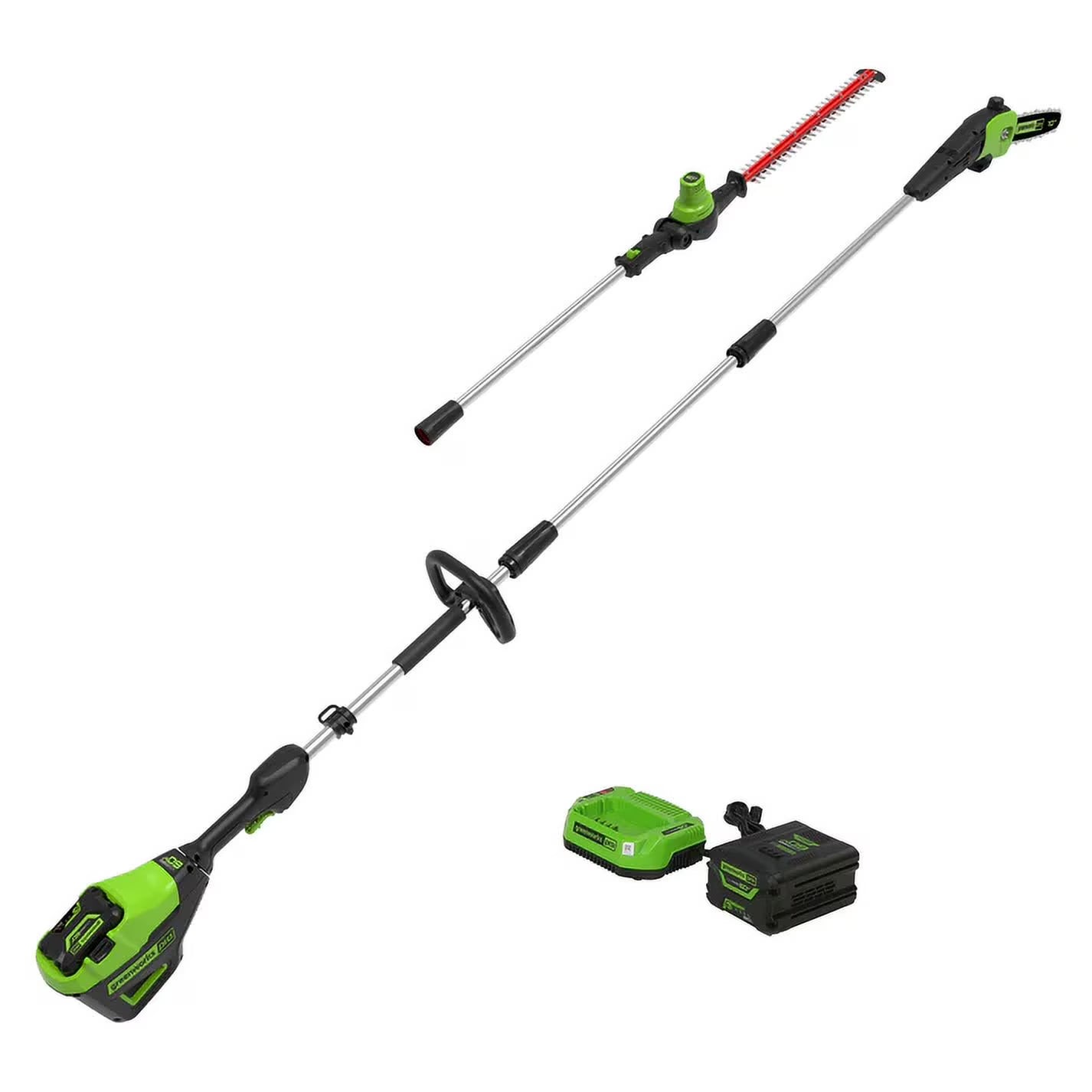 Greenworks 60V 10" Cordless Pole Saw  20" Pole Hedge Trimmer Combo Kit + 2.0 Ah Battery  Charger