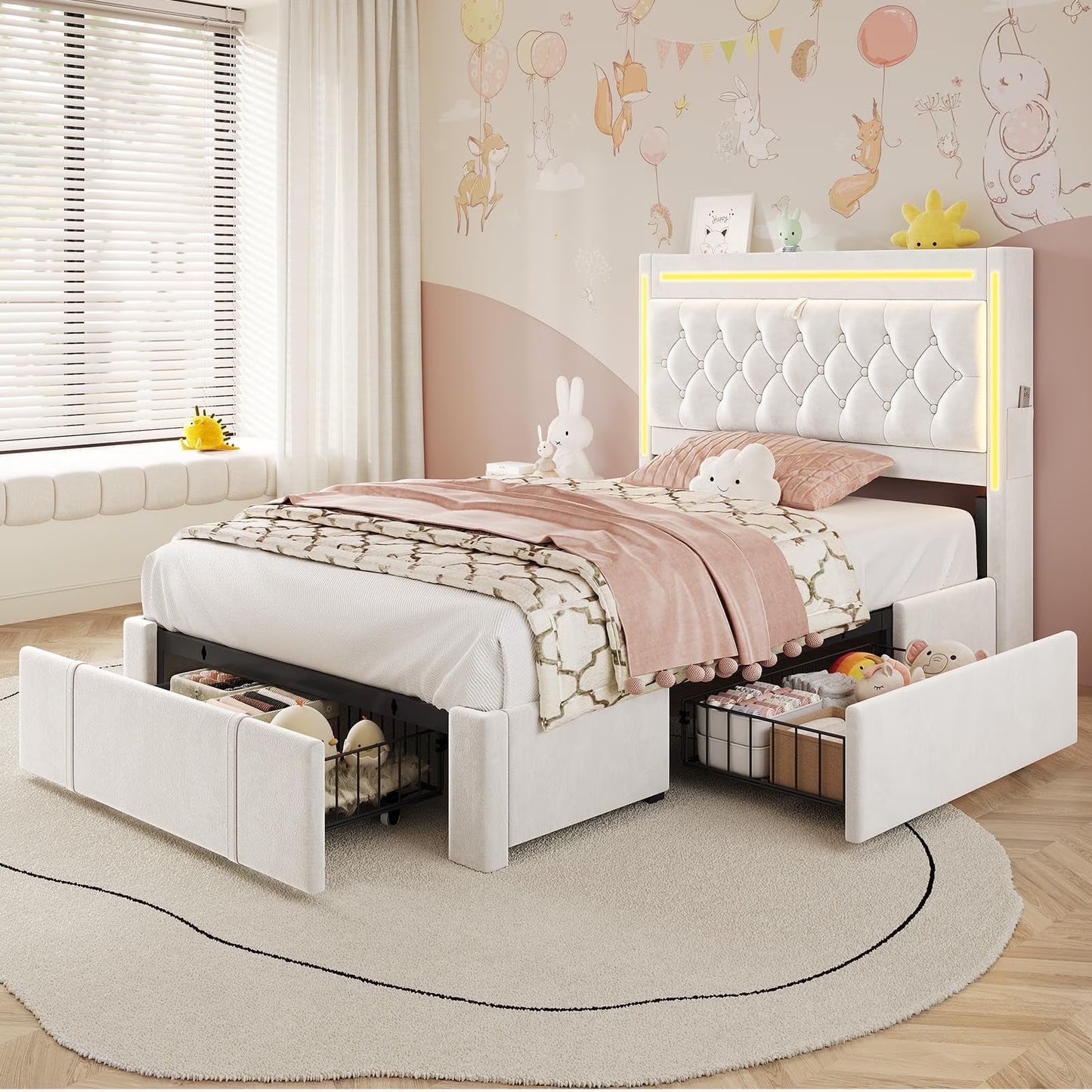 Platform Bed Twin Size with Storage Drawers and Headboard,, Twin Size Velvet Upholstered Bed with RGB Lighting and Power Outlet, No Box Spring Needed, Noise-Free, White(Twin/White)