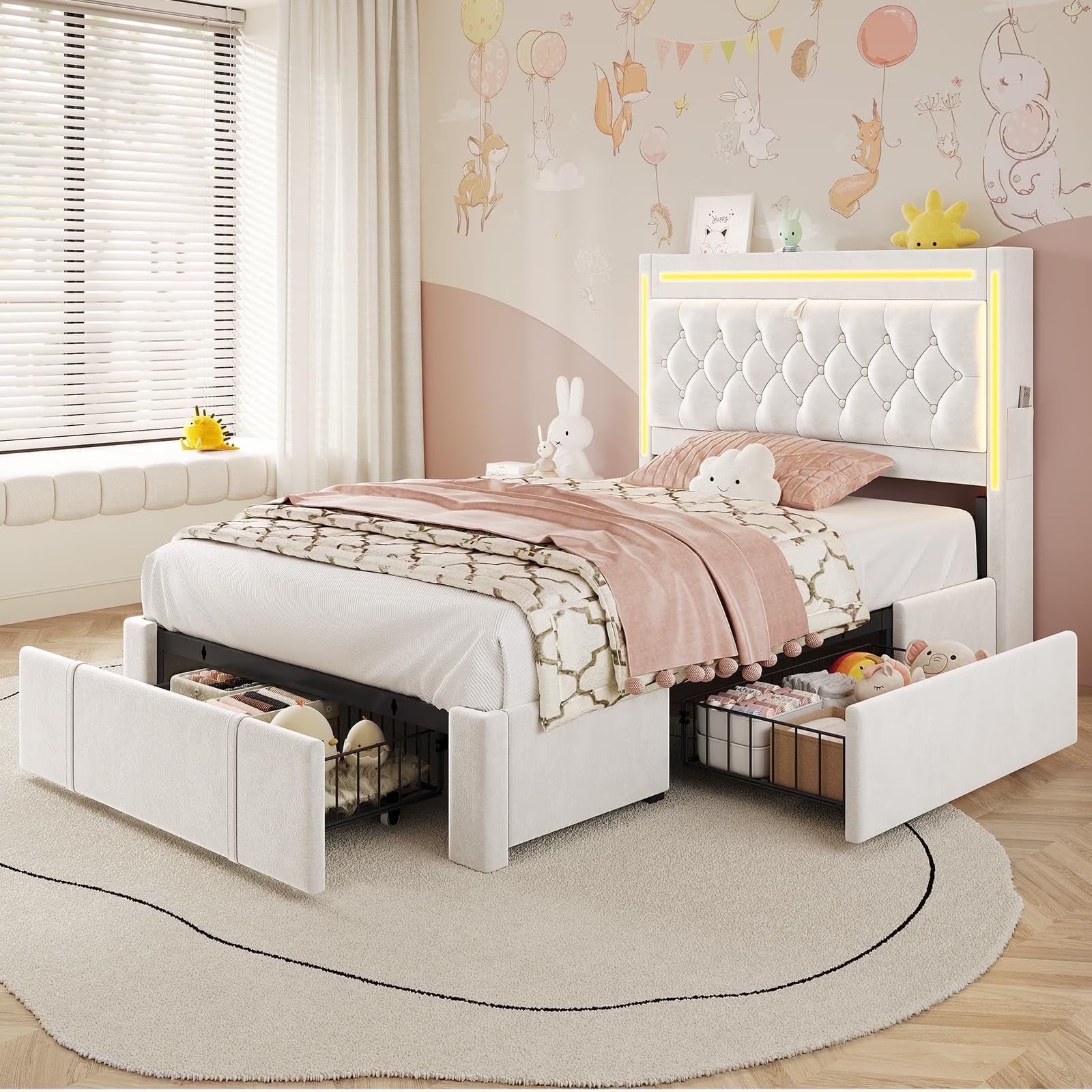 Platform Bed Twin Size with Storage Drawers and Headboard,, Twin Size Velvet Upholstered Bed with RGB Lighting and Power Outlet, No Box Spring Needed, Noise-Free, White(Twin/White)