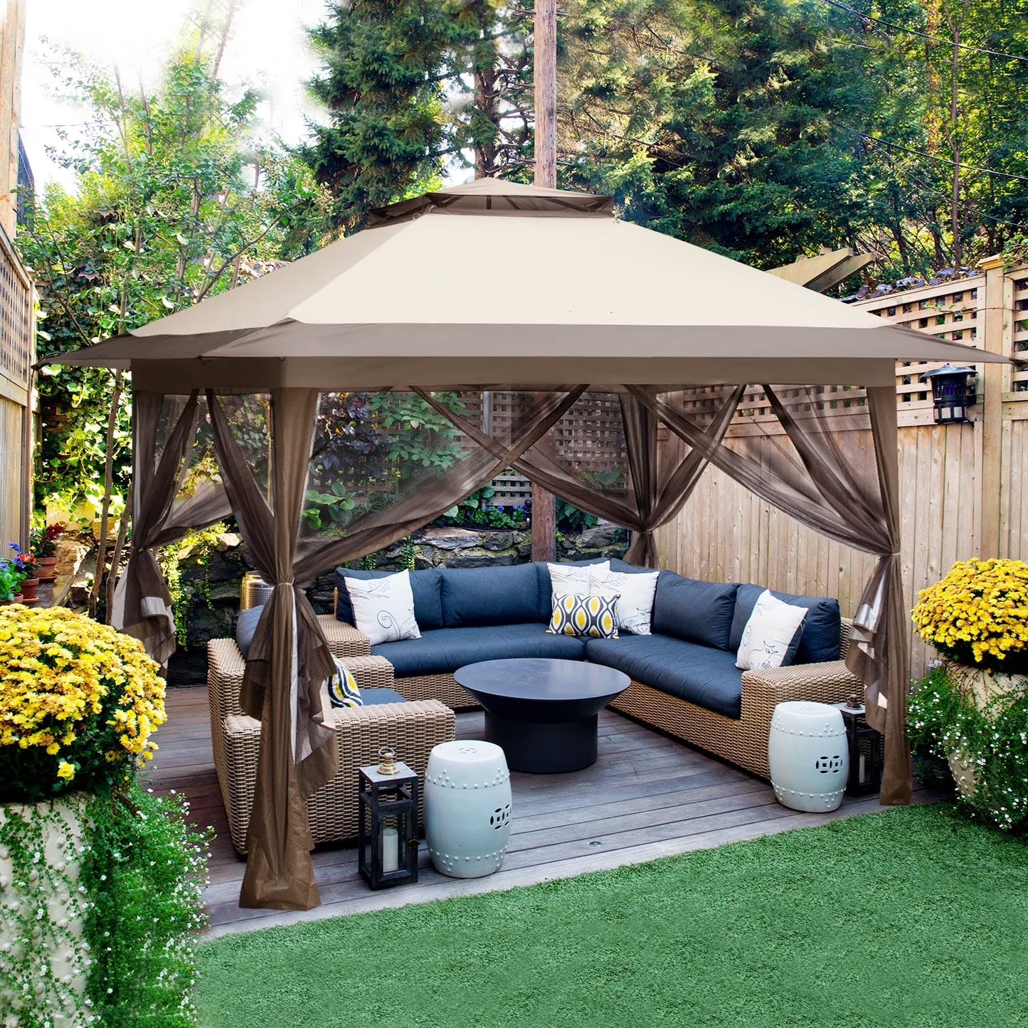 EAGLE PEAK 13' x 13' Pop-Up Gazebo Tent Instant w/Mosquito Netting，Outdoor Gazebo Canopy Easy Set-up Folding Shelter (Beige/Brown)(Beige)