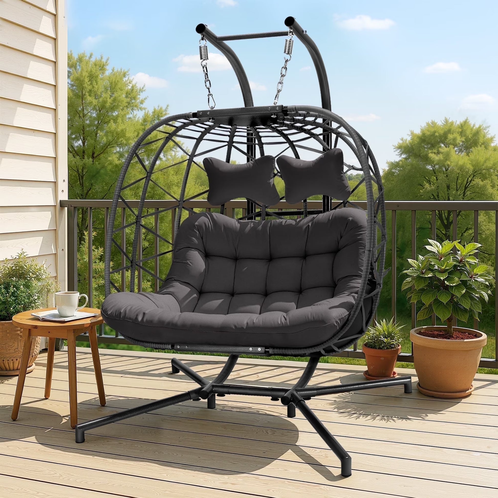 RADIATA Double Wicker Egg Swing Chair with Stand, 2-Person Hanging Egg Chair for Indoor/Outdoor, 700lbs Capacity, Thick Cushions  Headrest,Sturdy Metal Frame��Dark Gray(Style A- Dark Gray)