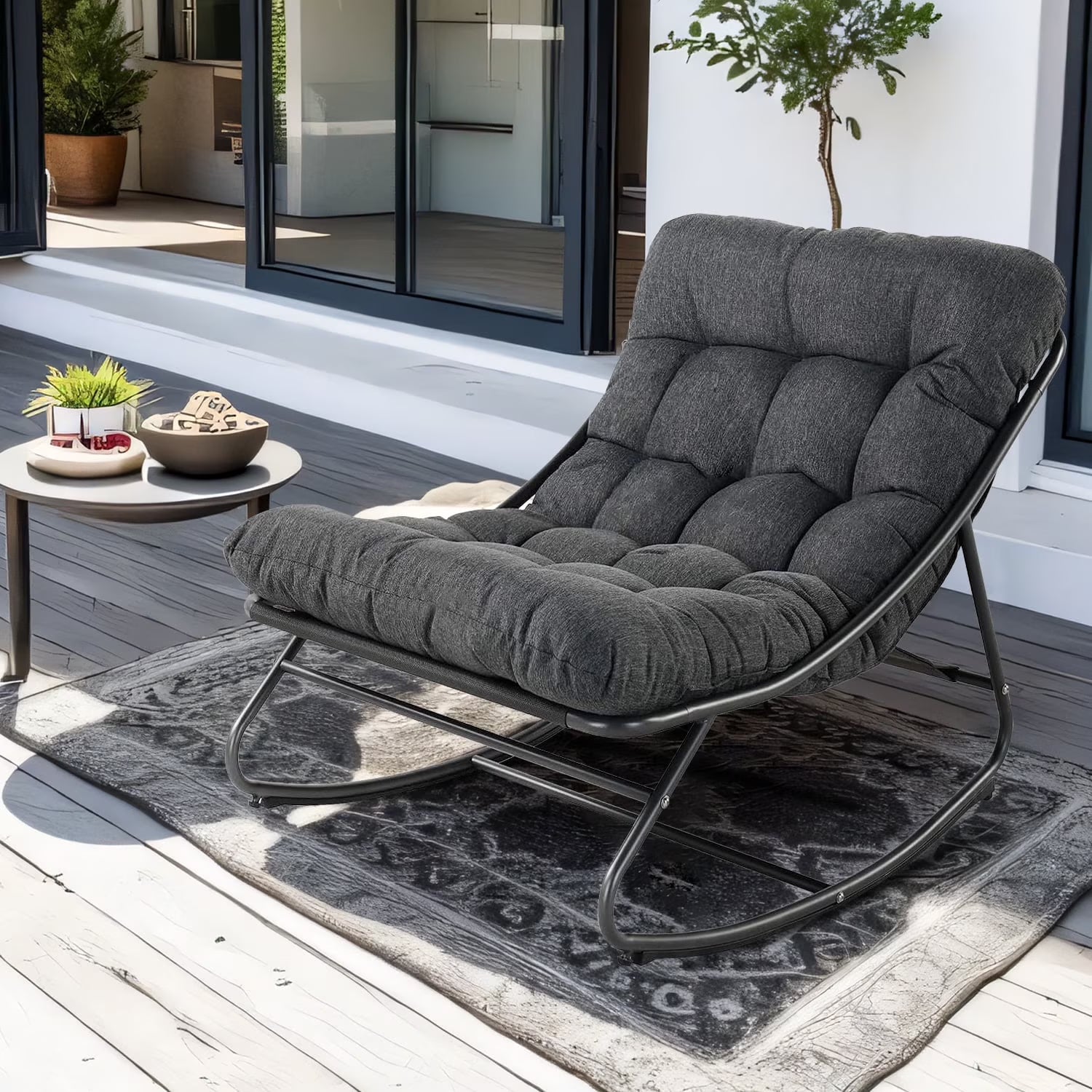 Outdoor Rocking Chair, Indoor Oversized Comfy Reading Chairs Set with Cushion, Patio Rocker Recliner Chair, Grey(Only Chair)