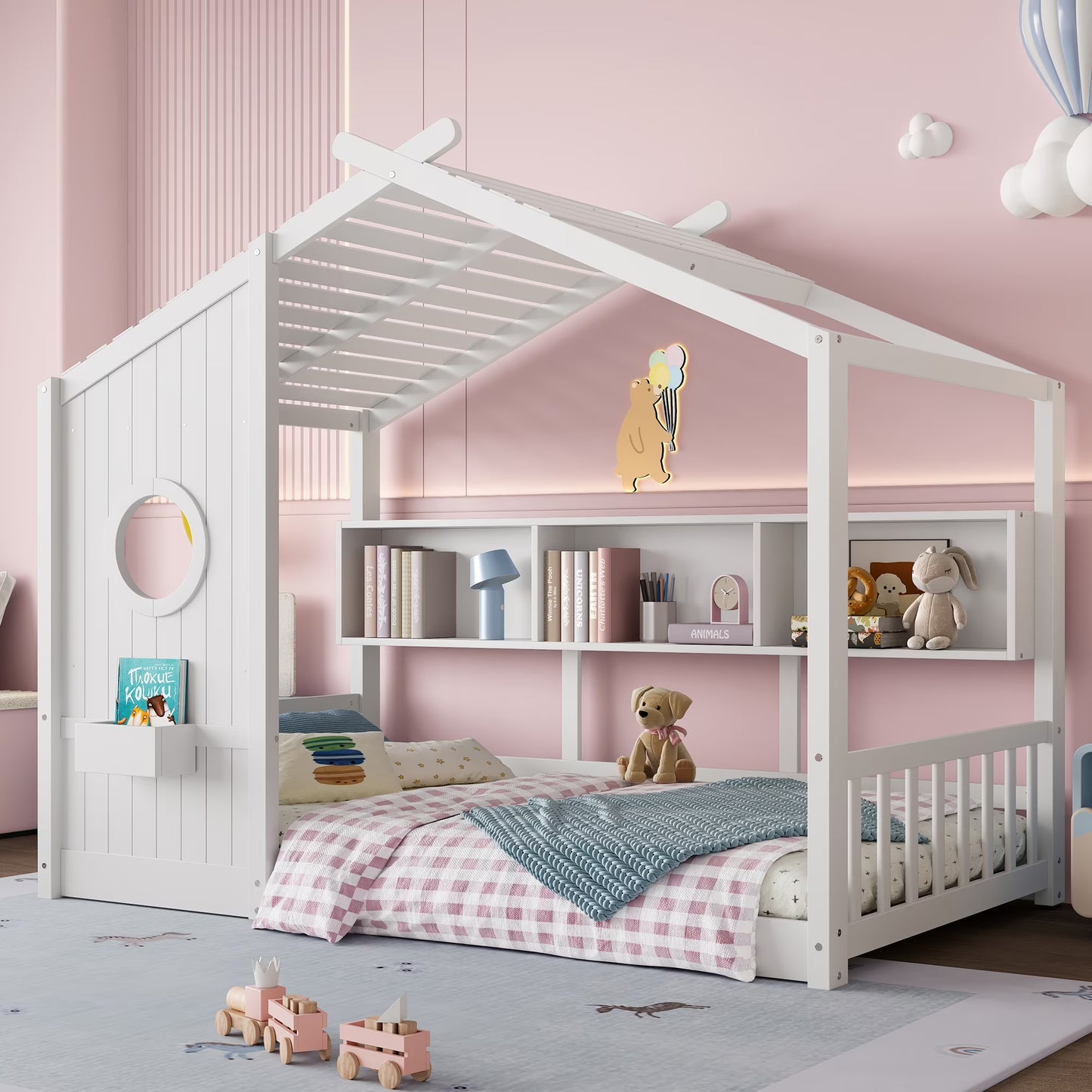 Miniyam Twin Size Montessori Floor House Bed with Roof Design and Storage Shelf for Kids, White(White)