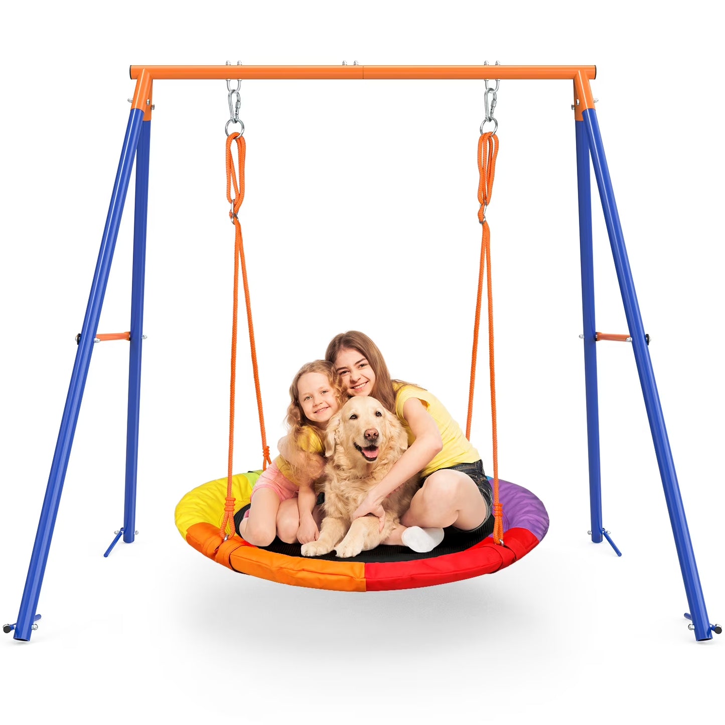 GIKPAL Swing Sets for Outside 440lbs Swing Set for 2-3 Kids Outdoor with Heavy-Duty Metal Frame  Adjustable Ropes Round Swing, Rainbow(One Size)