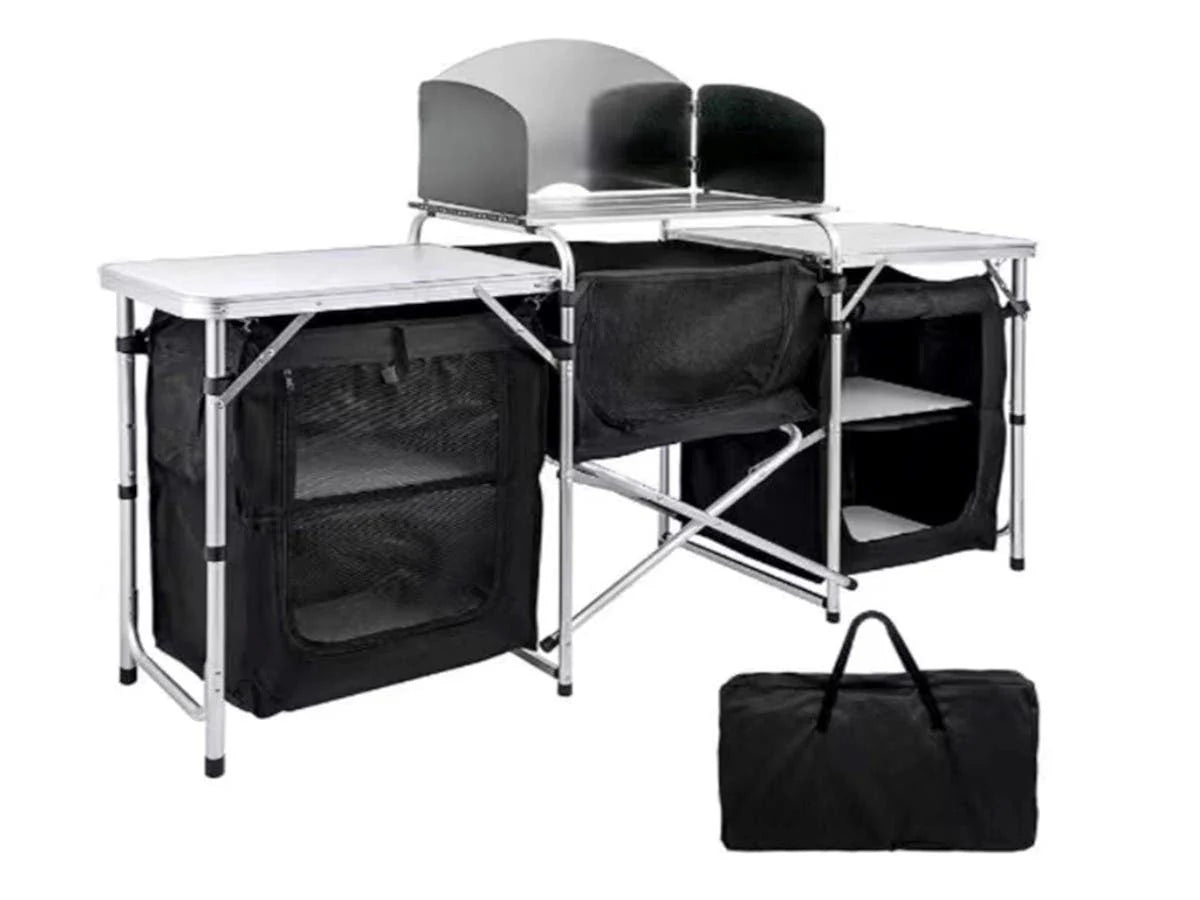 Inch Aluminum Portable Fold-Up Camping Kitchen with Windscreen and 5 Enclosed Cupboards, Cook Station, for BBQ, Camping, Picnic, Backyard