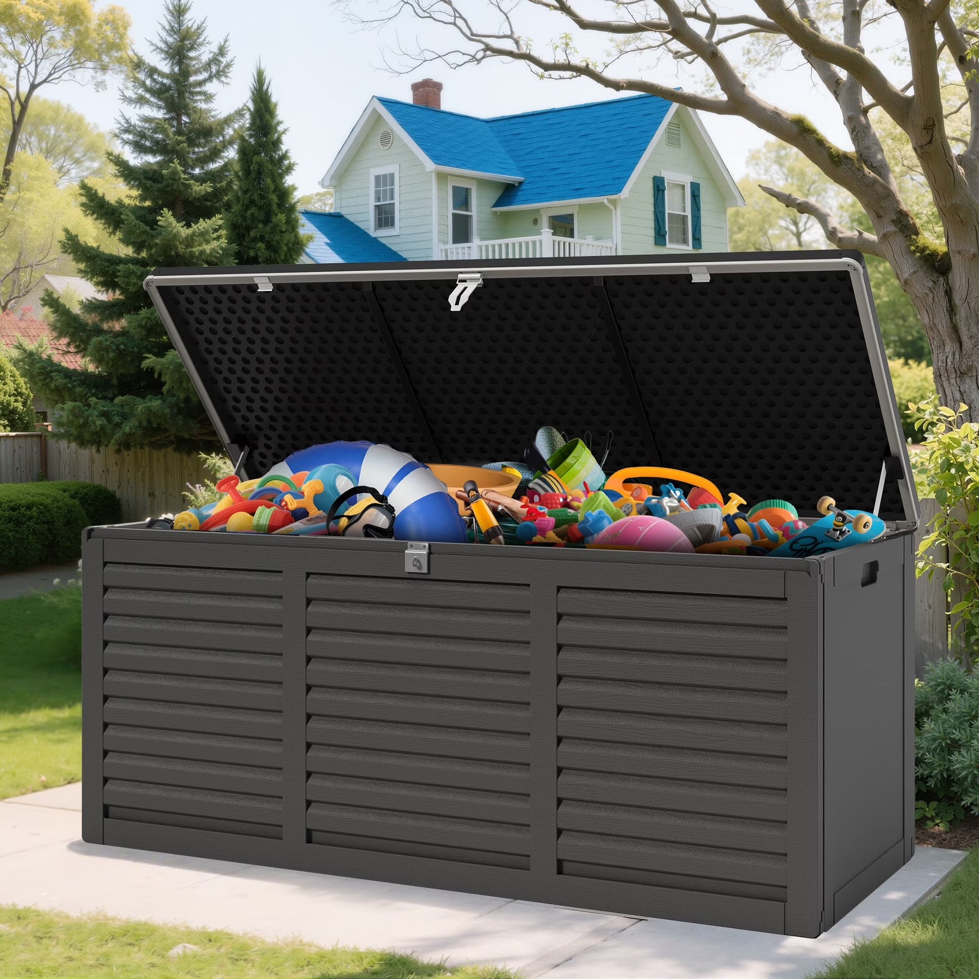 Outdoor Storage Box, 130GAL Waterproof Deck Box, Lockable Pool Patio Storage Indoor Toy Box, Outdoor Storage Bench for Porch, Max Load Weight 500LBS(130Gal-Black)