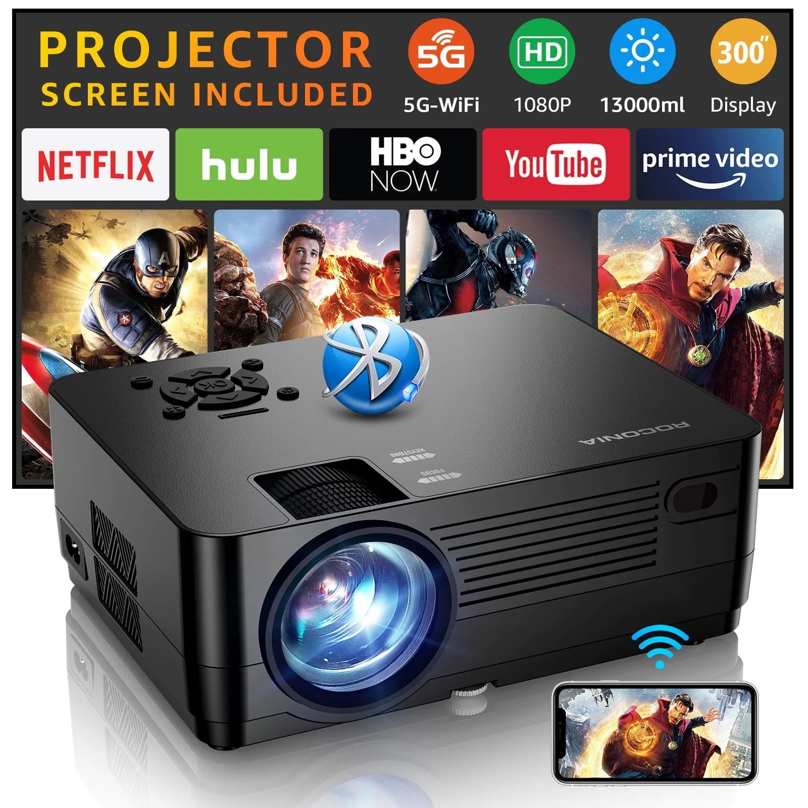 ROCONIA 5G WiFi Bluetooth Native 1080P Projector, 13000LM Full HD Movie Projector, LCD Technology 300" Display Support 4k Home Theater,(Projector Screen Included)