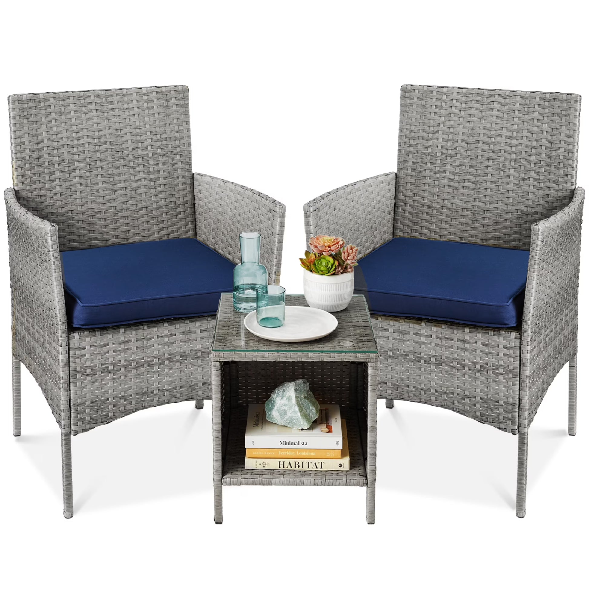 Best Choice Products 3-Piece Outdoor Wicker Conversation Patio Bistro Set, w/ 2 Chairs, Table - Gray/Navy(Gray/Navy)