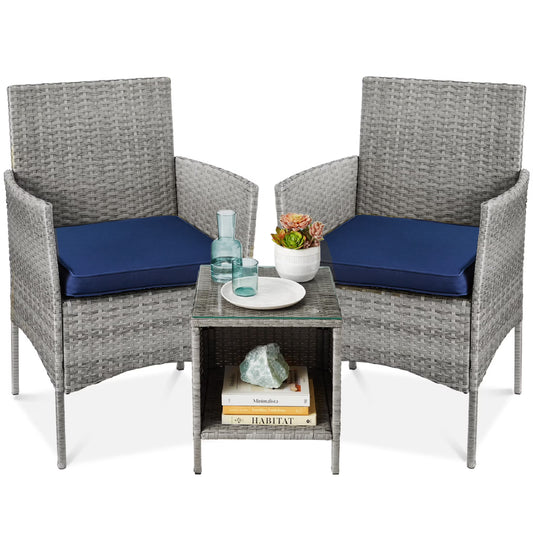 Best Choice Products 3-Piece Outdoor Wicker Conversation Patio Bistro Set, w/ 2 Chairs, Table - Gray/Navy(Gray/Navy)