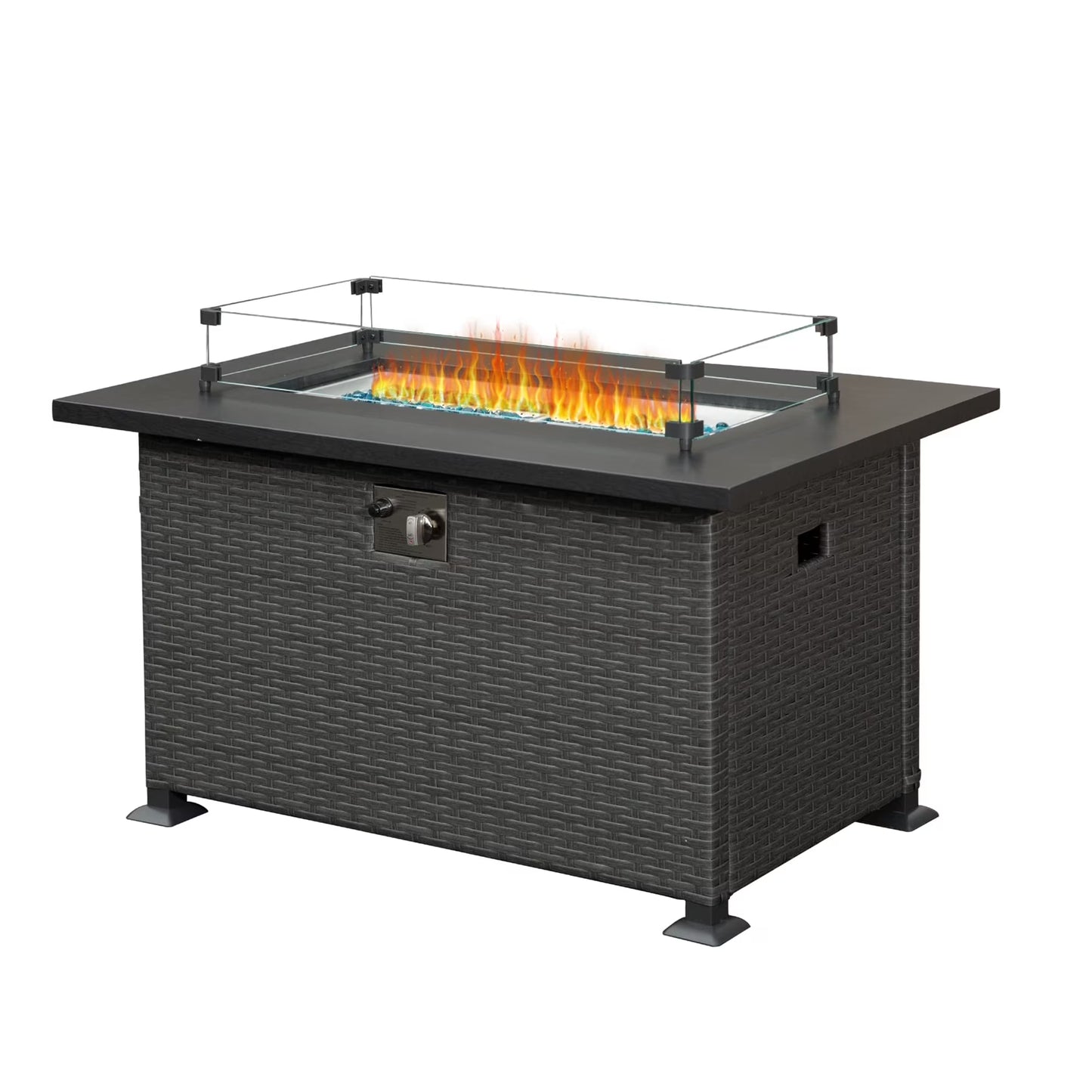 Outdoor Gas Fire Pit, SYNGAR 43 inch 50,000 BTU Auto-Ignition Propane Fire Pit Table with Glass Wind Guard, Volcanic Stones and Lid, 2-in-1 Fire Pit Table for Patio, Garden, Backyard, Deck, Poolside(Type E)