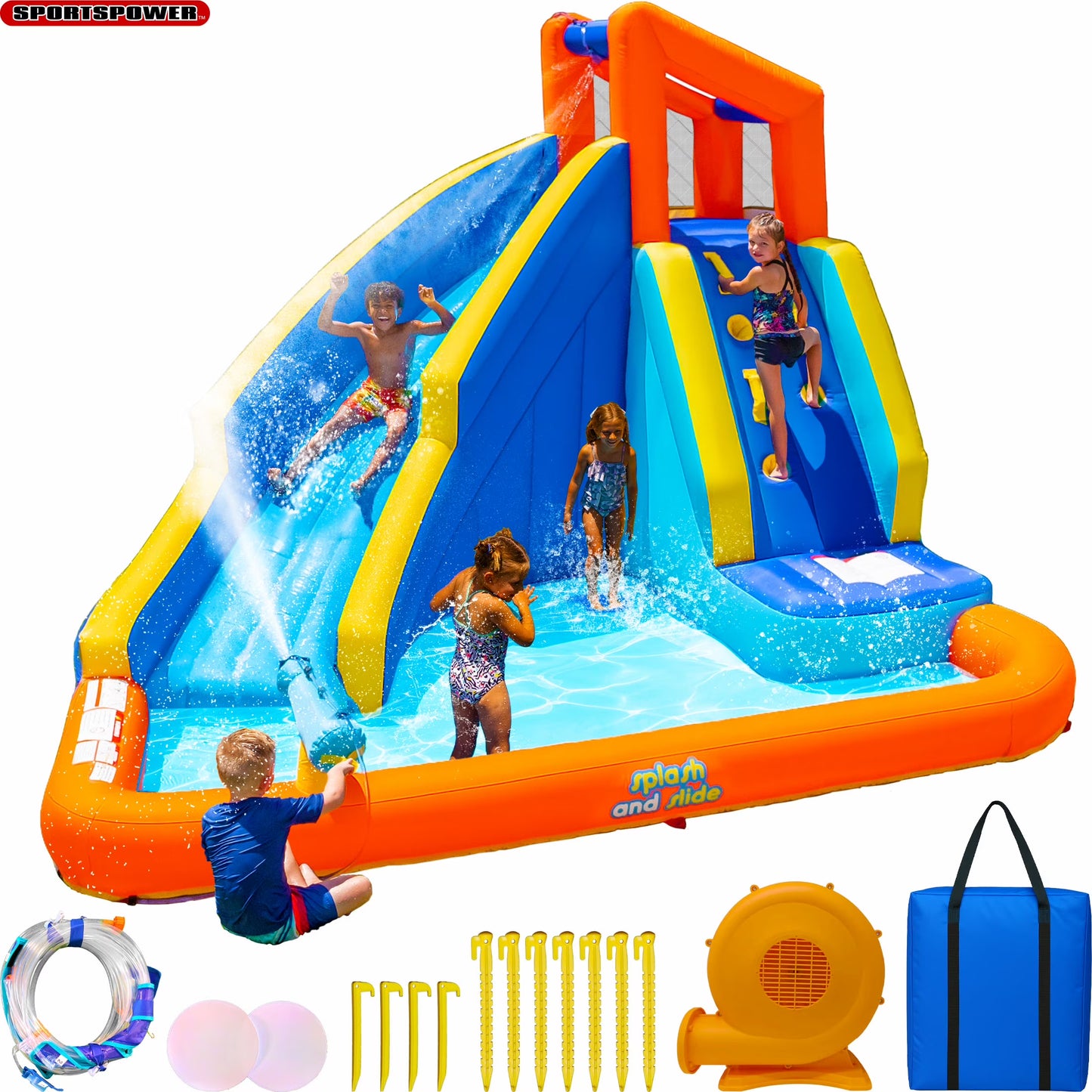 Sportspower�?Big Wave II Inflatable Water Slide with Climbing Wall  Splash Pool, Ages 3-8, Heavy Duty, ASTM Certified, Lifetime Warranty on Included Blower