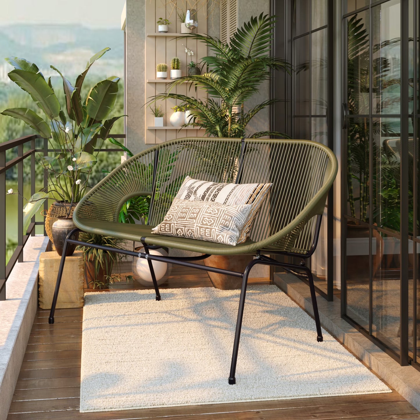 Aspen Modern Outdoor Patio Basket Loveseat, Hammock Weave Design, Metal Frame, Green(Green)