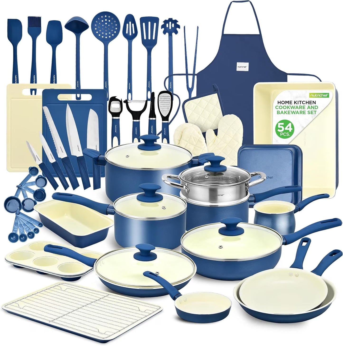 54-Piece Kitchen Cookware Set �C Complete Non-Stick Ceramic Pots and Pans Set with Utensils, Bakeware, and Knife Set, Gas, Electric  Induction Compatible, Blush Pink Kitchen Essentials(54/Blue Gray)