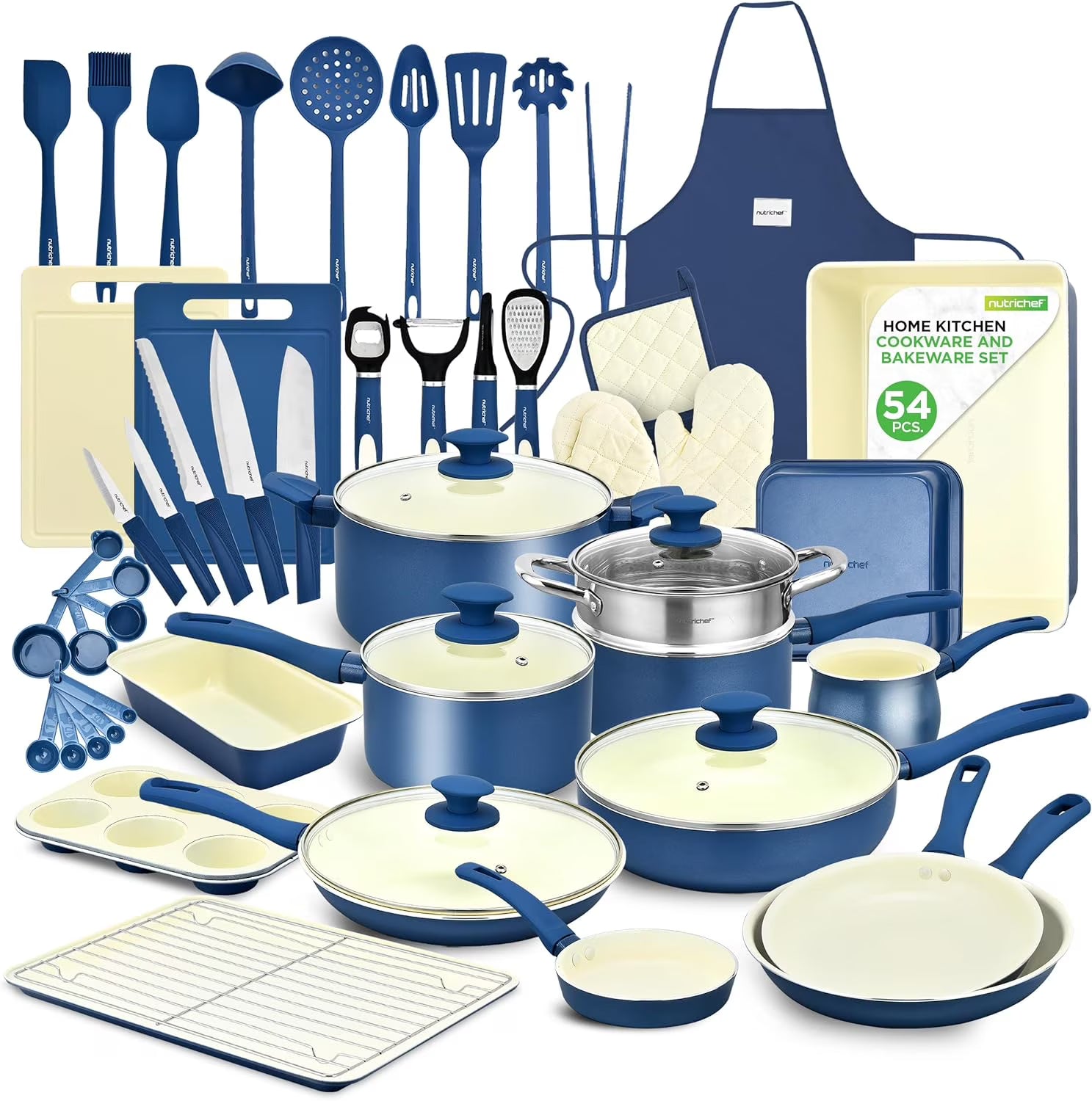 54-Piece Kitchen Cookware Set �C Complete Non-Stick Ceramic Pots and Pans Set with Utensils, Bakeware, and Knife Set, Gas, Electric  Induction Compatible, Blush Pink Kitchen Essentials(54/Blue Gray)