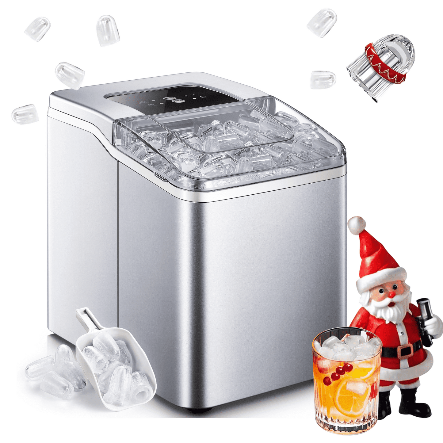 Ice Maker Countertop 2 Ice Sizes, 30 lbs Bullet Ice in 24H, Self-Clean, 9 Cubes in 5 Mins, FOHERE(Silver)