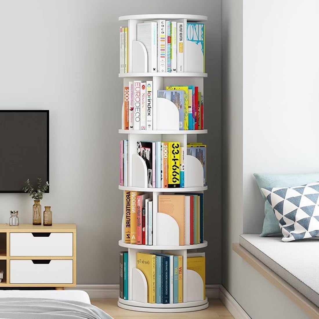 Bimiti 5 Tier Rotating Bookshelf, 360?�� Revolving Bookcase 20 Shelves Floor-Standing Storage Display Rack - White 63"x18"x18", Adult(White)