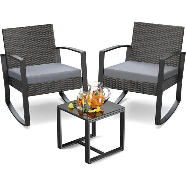 Patio Chairs Set, Outdoor Porch Balcony Furniture Set with Glass Coffee Table, Patio Rocking Wicker Chairs Set with Gray Cushion(Upgraded)(Gray)