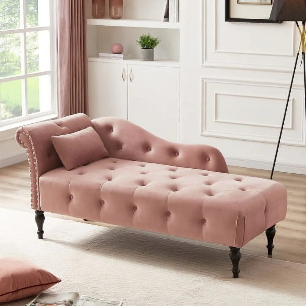 60.6" Velvet Chaise Lounge Chair, Sleeper Lounge Sofa with Buttons Tufted and Nailhead Trimmed, Modern Tufted Long Lounger with 1 Pillow and Solid Wood Legs, for Living Room or Office, Rose(Blue)