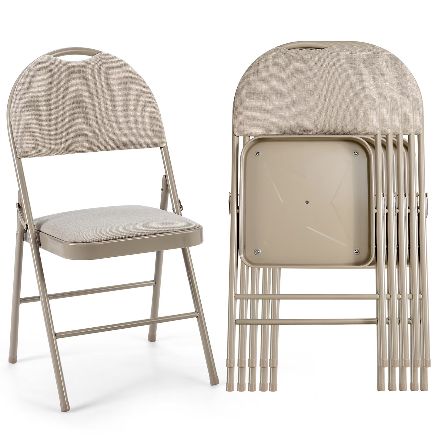 Costway Set of 6 Folding Chairs Fabric Upholstered Padded Seat Metal Frame Home Office Beige(Beige)