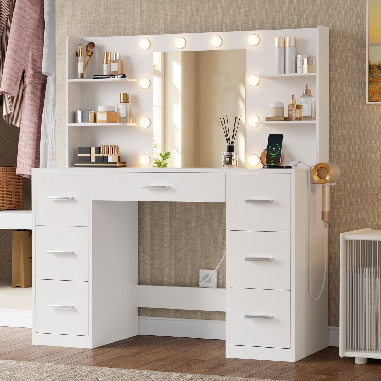 Lacoo Vanity Desk with Mirror and LED Lights, Makeup Vanity with 7 Drawers  4 Shelves, Vanity Table with Power Outlet for Bedroom Dressing Room, White(White: 7 Drawers)