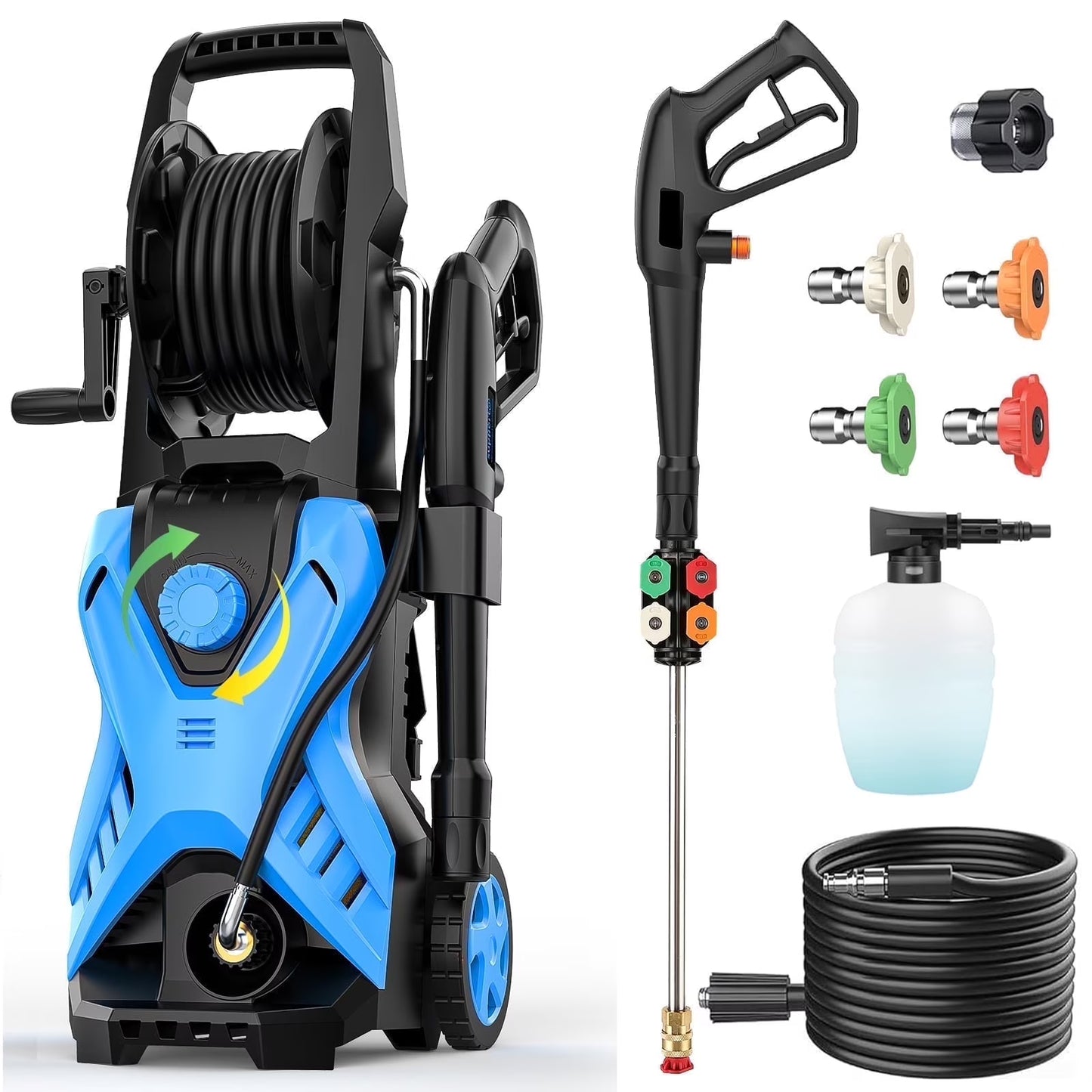 5000 Psi Electric Pressure Washer, 2.8 Gpm Power Washer with 33FT Extension Hose Reel, Pressure Adjustable (2500PSI-5000PSI), 4 Quick Connect Nozzles and Foam Cannon for Car/Fence/Patio(Blue)