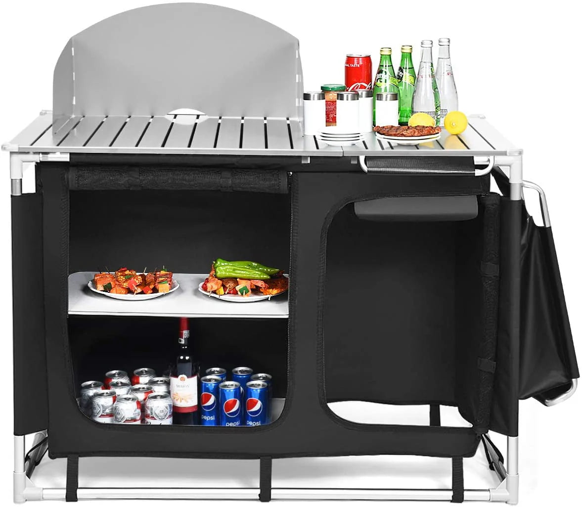 Portable Camping Kitchen Table, Camping Grill Table w/Windscreen  Storage Organizer, Outdoor Kitchen Cook Station with Basin for BBQ, Party, Picnics, Backyards, BBQ Table