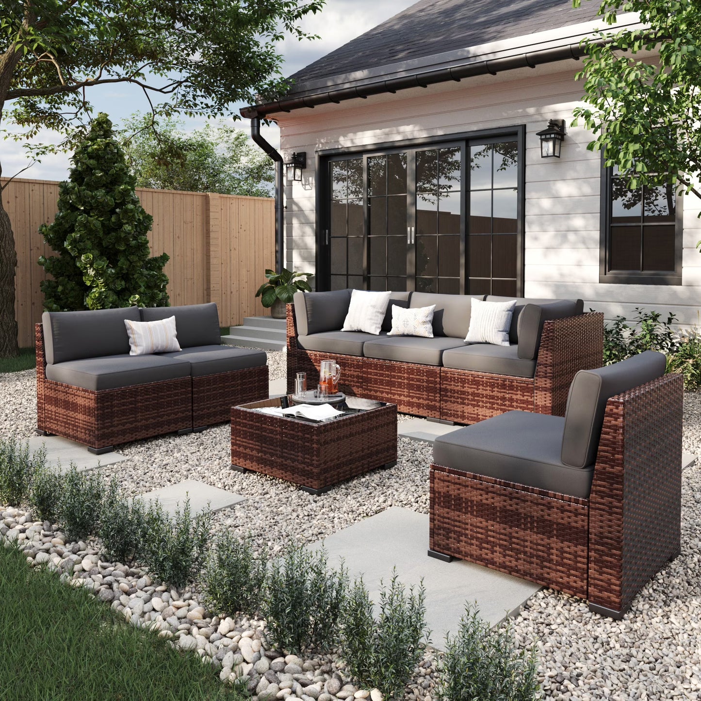 ELPOSUN 7 Pieces Patio Furniture Set, Outdoor Furniture Sectional Rattan Sofa for Backyard Garden Dark Grey(Grey/7 Pack)