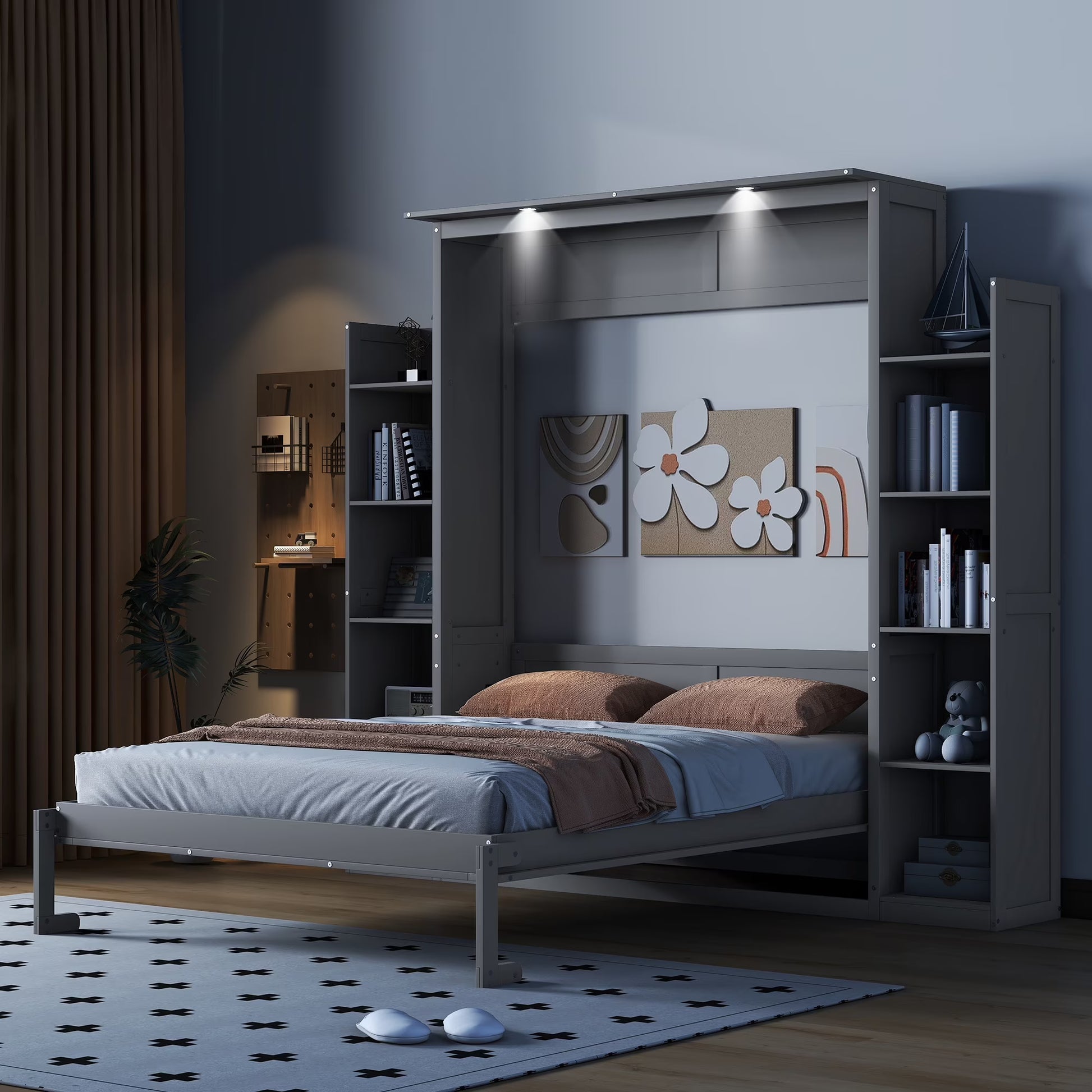 Aukfa Queen Size Murphy Bed with 5-Tier Storage Shelf  LED Lights, Foldable Wall Bed Cabinet with Mattress Support, Space-Saving Design for Guest Room/Home Office, Gray