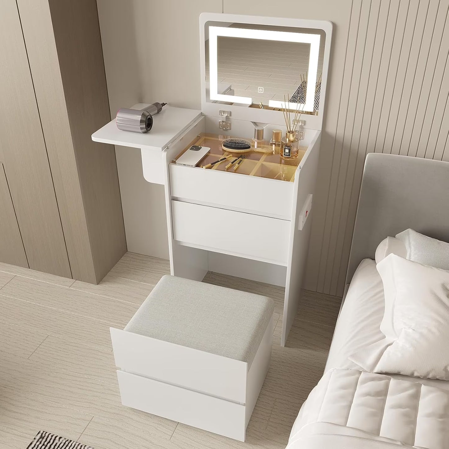 Vanity Desk with Flip Top Lighted Mirror, Compact Makeup Table with Storage Stool, Integrated Vanity with Drawers, 3-in-1 Vanity Set, Small Dressing Desk for Bedroom(White)