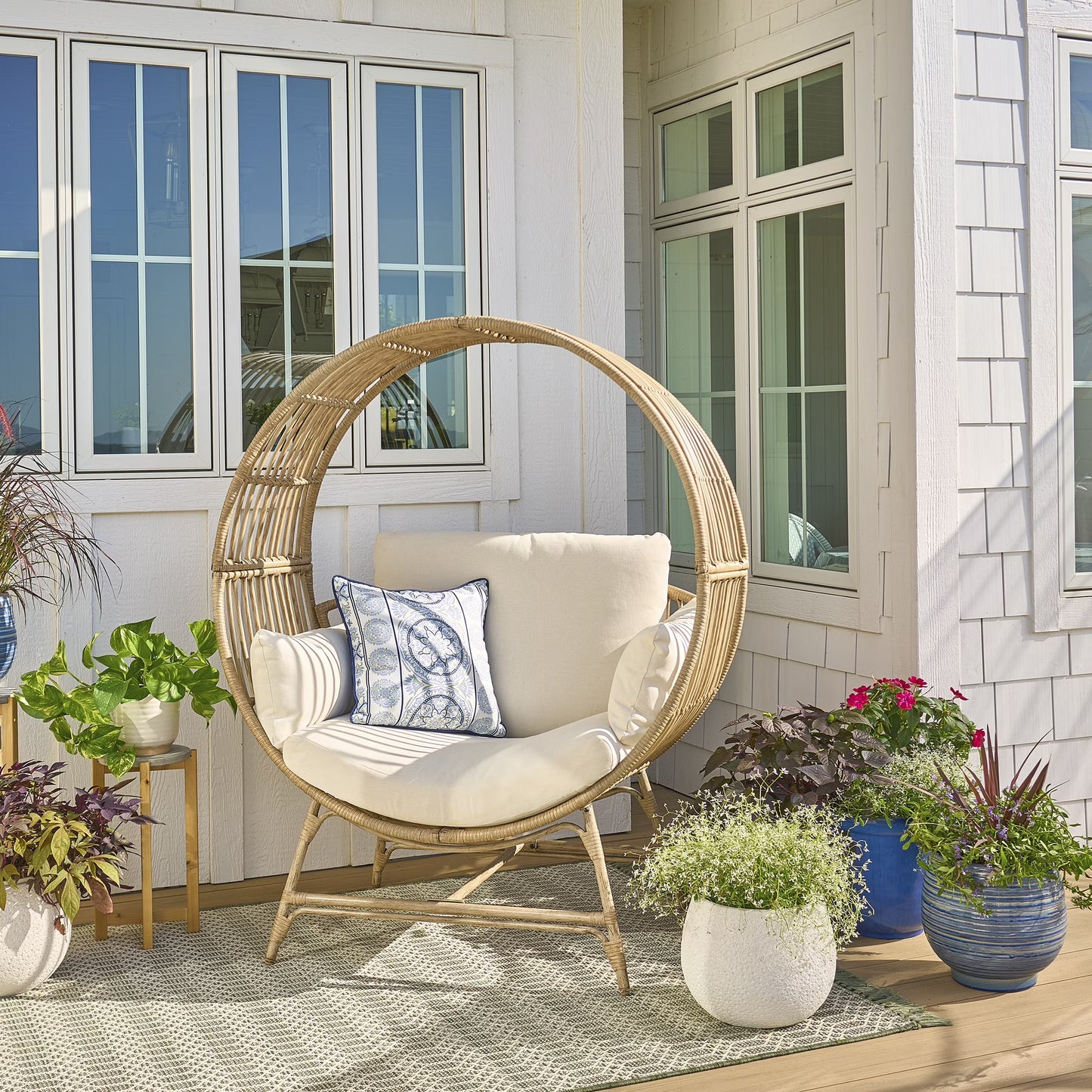 Better Homes  Gardens Bellamy Round Wicker Outdoor Lounge Chair, Beige(Single)