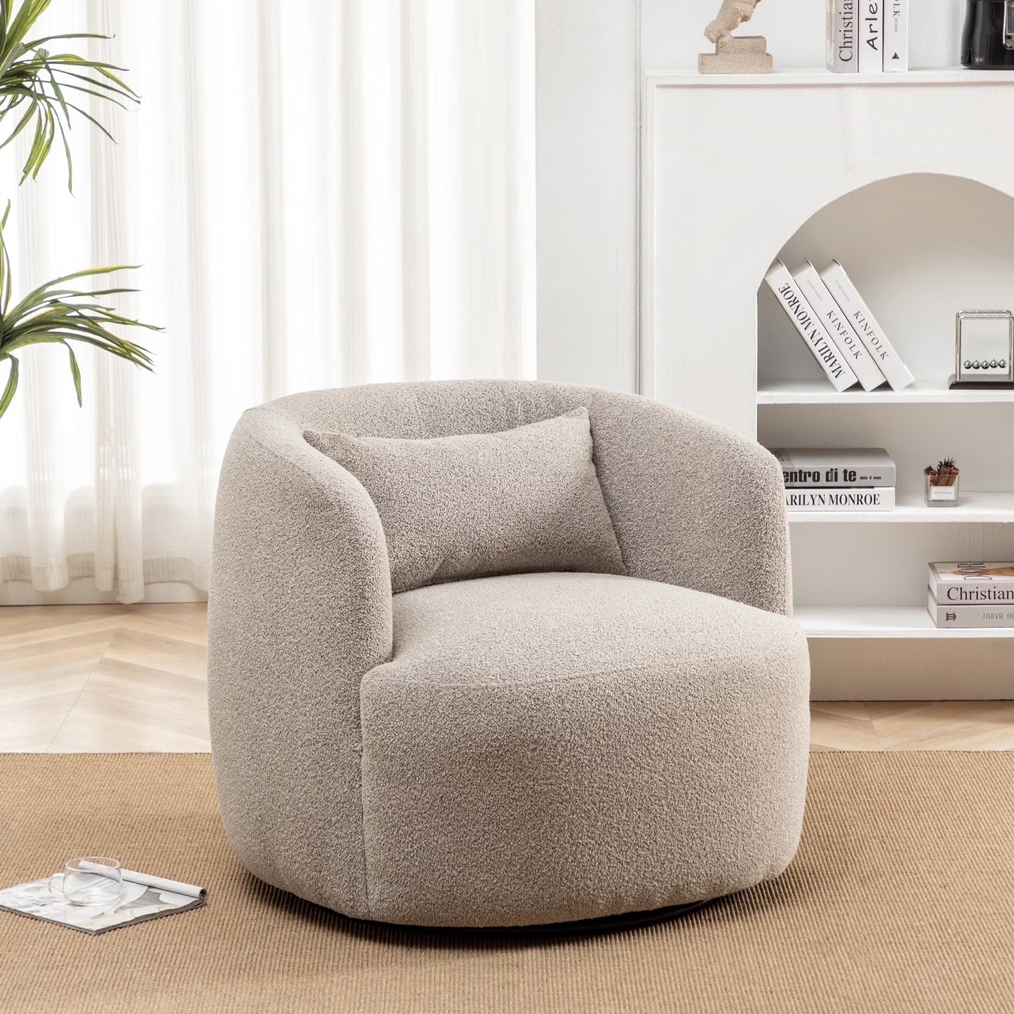 34" Wide Boucle Swivel Barrel Chair, No Assembly Round Upholstered Armchair Accent Chair Single Sofa Chair with Toss Pillow for Living Room and Bedroom, Taupe(Taupe/Single)
