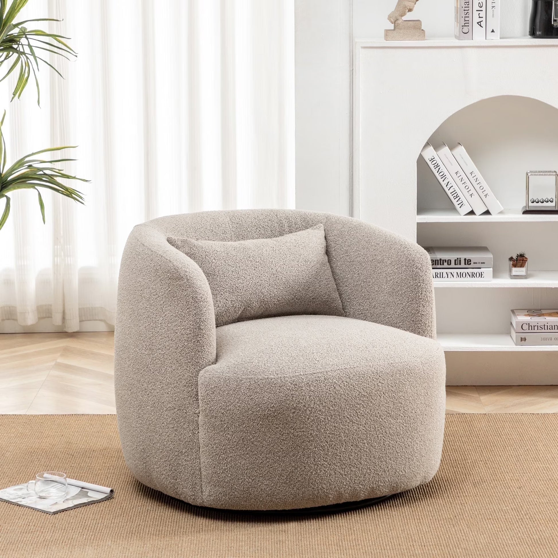 34" Wide Boucle Swivel Barrel Chair, No Assembly Round Upholstered Armchair Accent Chair Single Sofa Chair with Toss Pillow for Living Room and Bedroom, Taupe(Taupe/Single)